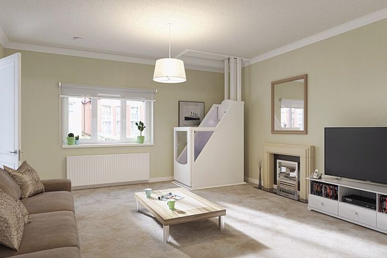 Huislift zonder schacht op de onderste stopplaats