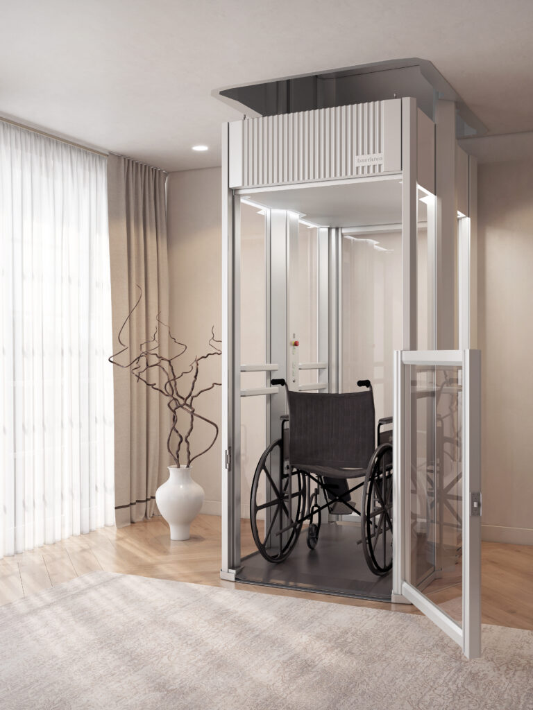 Schachtloze huislift met overliggende deurpositie en glazen liftcabine