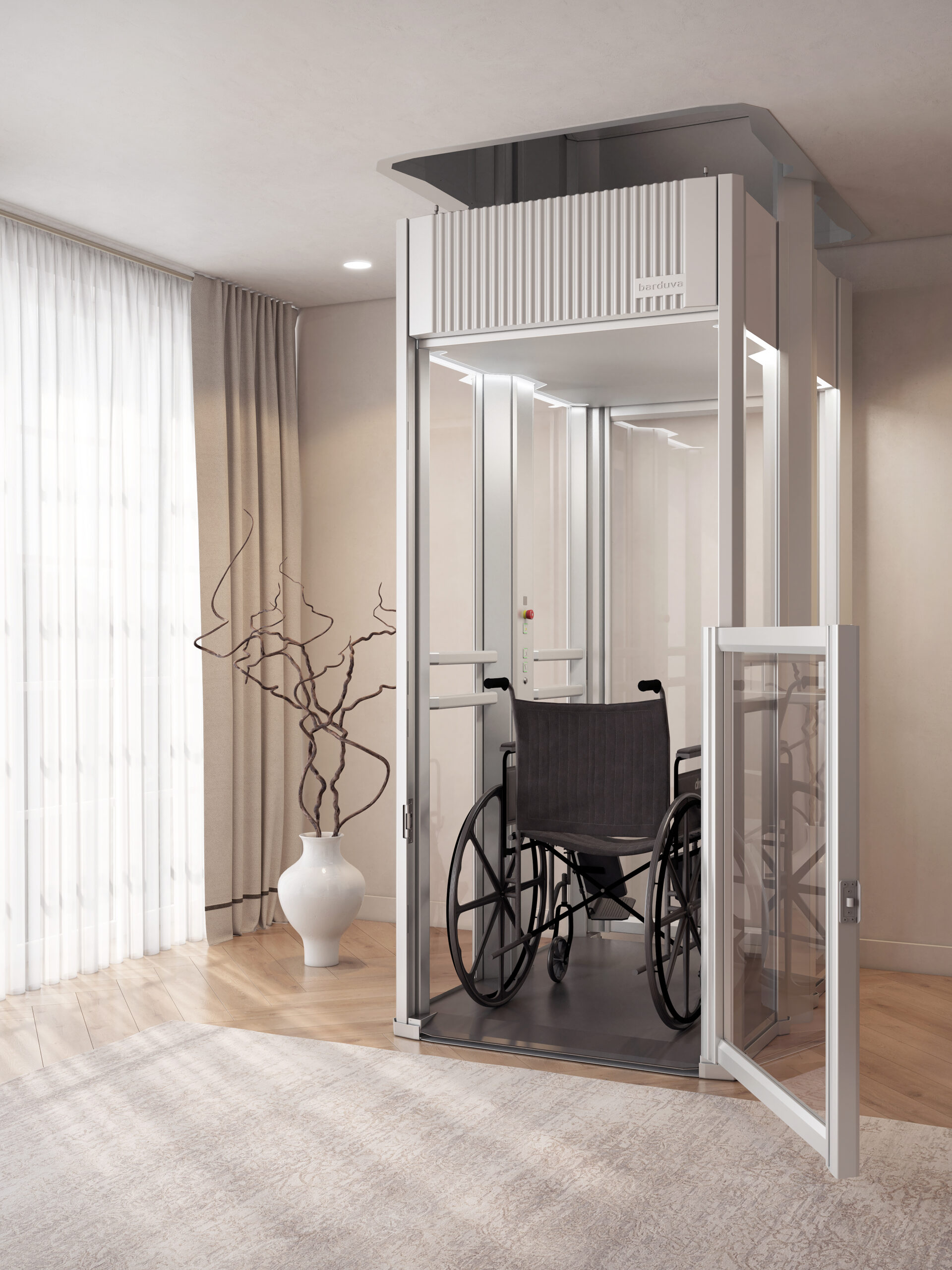 Huislift zonder schacht met rolstoel Schachtloze huislift met overliggende deurpositie en glazen liftcabine